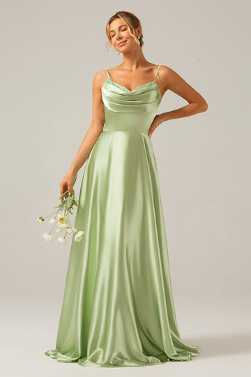 Dusty Sage A Line Cowl Neck Satin Long brudepike kjole med plissert